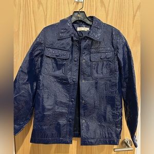 Tory Burch Meg Navy Blue Jacket Shiny Raincoat Button Up Collar Coat 4